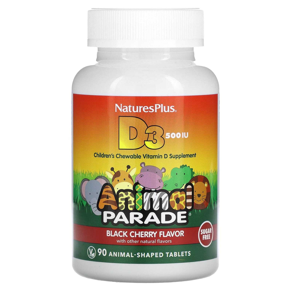 NaturesPlus, Animal Parade Vitamin D3 12.5 mcg (500 IU), 90 Chewable Tablets | Bolalar uchun D3 vitamini, olcha, 90 ta chaynaladigan tabletka