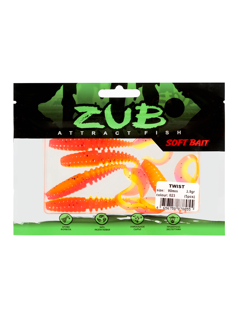 Приманка ZUB-TWIST  90мм(3,5")-5шт, (цвет 023) розовый верх - желтый низ