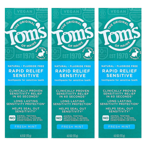 Tom's of Maine, зубная паста без фтора, для чувствительной кожи, свежая мята, 3 упаковки по 113 г (4 унции)