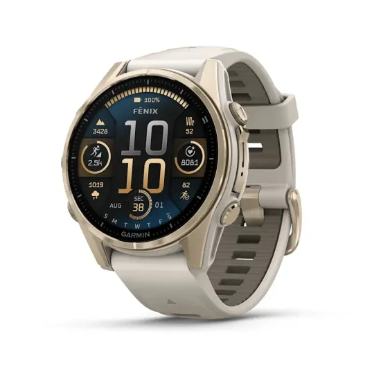 Мультиспортивные GPS часы Garmin Fenix 8S (43 mm) AMOLED, Sapphire Soft Gold with Fog Gray/Dark Sandstone Silicone Band 010-02903-11