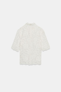 ZARA КРУЖЕВНОЙ ТОП СО СТРАЗАМИ, ЭКРЮ