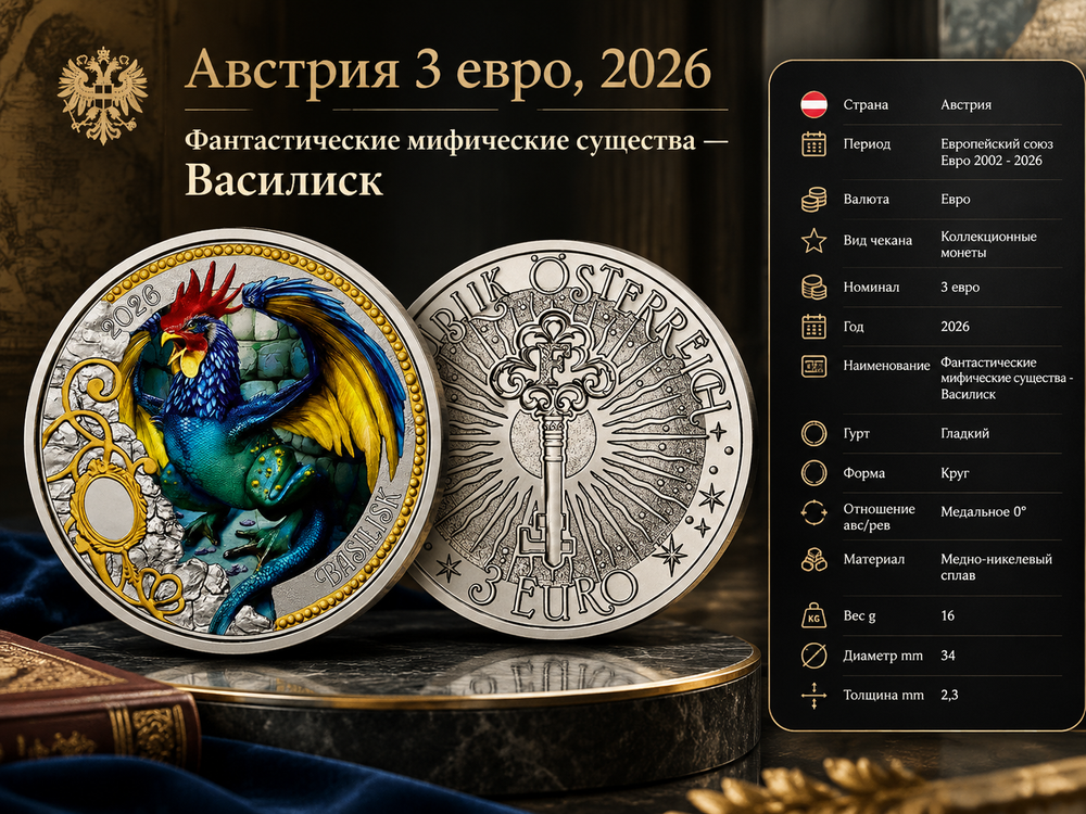 Австрия 3 евро, 2026 Мифические существа - Василиск UNC