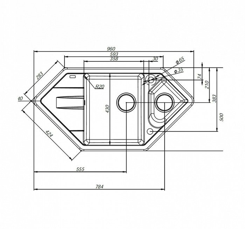 Мойка IDDIS Vane G Granucryl цвет шоколад угловая 1 1/2 чаши размер 960*500 (V36C965i87)
