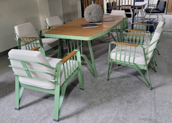 Столовая группа Ocean Dinning Set 6. Стол и 6 кресел из алюминия и ироко. Шалфейно-зелёный (Sage Green)