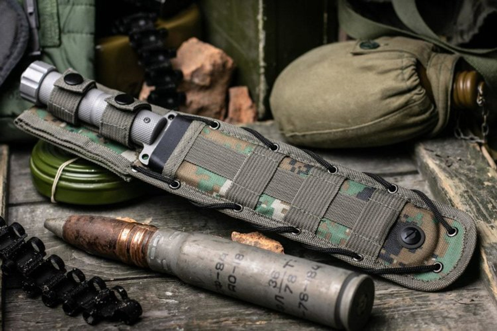 Нож Kizlyar Supreme SURVIVALIST X D2 TW GAH CAMO (TacWash, Grey Aluminium Handle, Camo MOLLE Sheath)