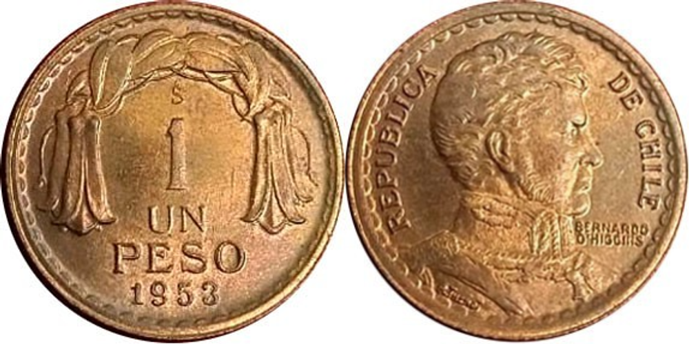 Чили 1 песо, 1942 - 1954 Бернардо О Хиггинс XF