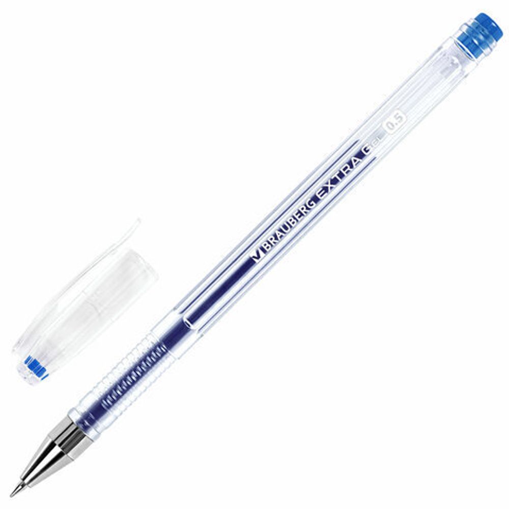 Ручка гелевая BRAUBERG "EXTRA", 1шт, СИНЯЯ, корпус прозрачный, узел 0,5 мм, линия 0,35 мм, 143902