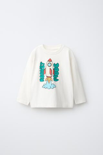 ZARA ФУТБОЛКА С ПРИНТОМ, ЖЕЛТОВАТО-БЕЛЫЙ