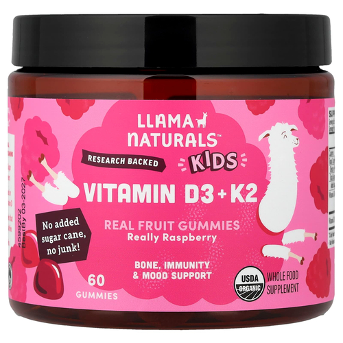 Llama Naturals, витамины D3 и K2 для детей, настоящие фруктовые жевательные таблетки, со вкусом малины, 60 жевательных таблеток