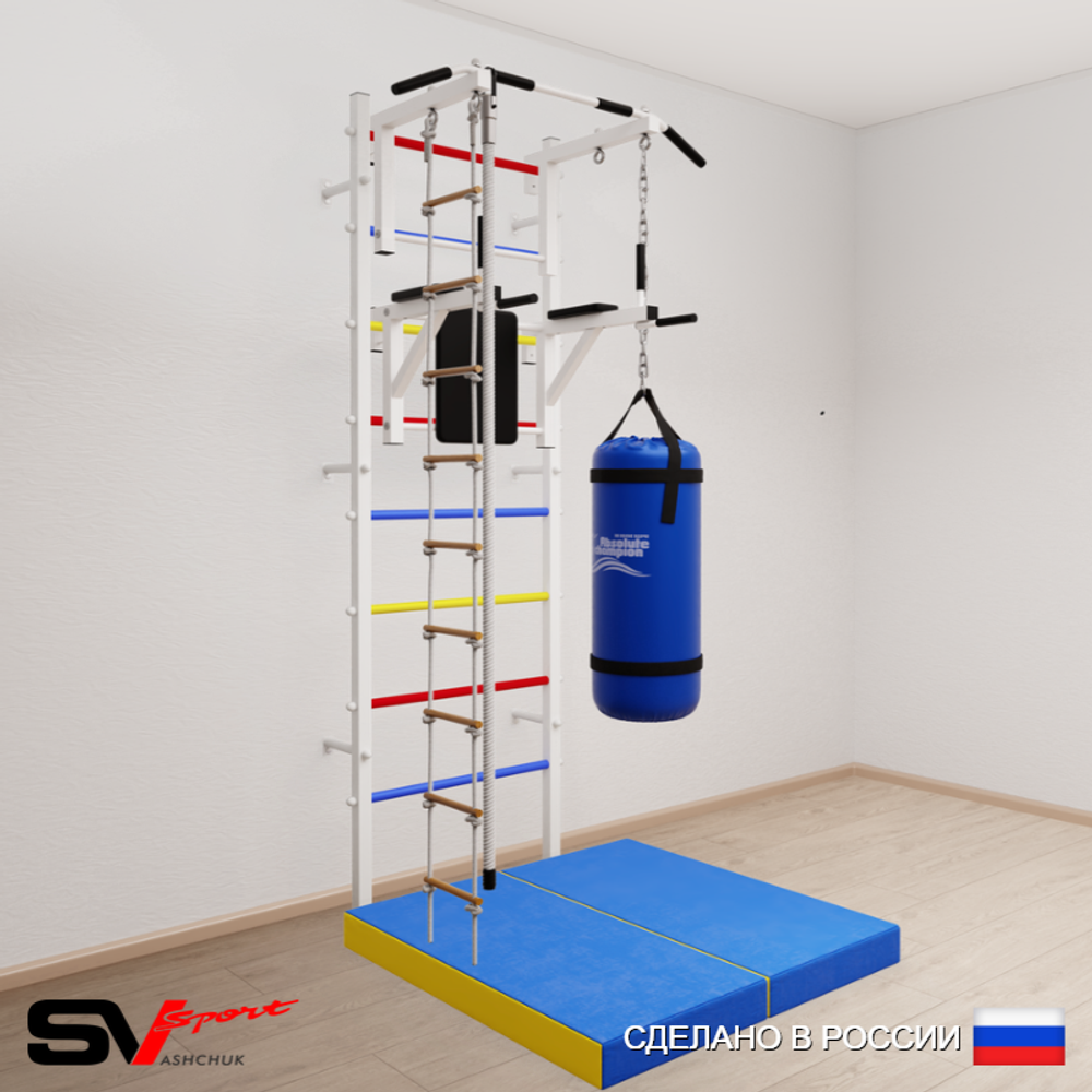 Шведская стенка Sv Sport усиленная 6755 (Турник стандарт/Брусья/Канат/Лестница/Цепь/Мешок 15кг/Мат 1м)