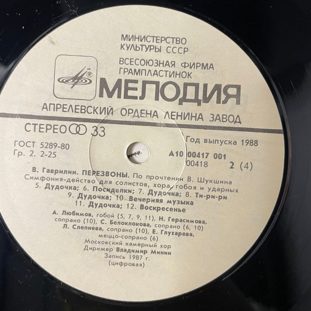 Винтажная виниловая пластинка 2LP Валерий Гаврилин Владимир Минин Перезвоны (СССР 1988)