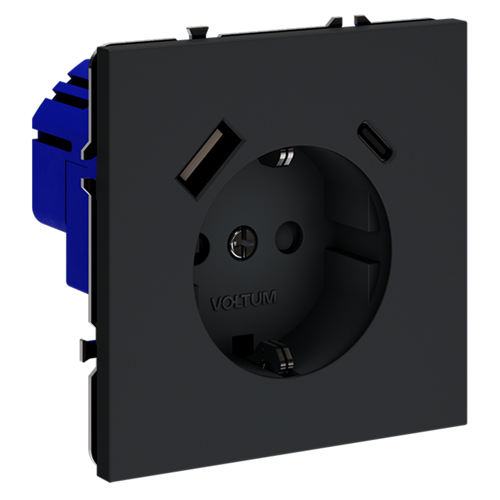 Розетка встраиваемая VOLTUM S70 с заземлением и защитными шторками, 16А, с USB, A+С, (графит)