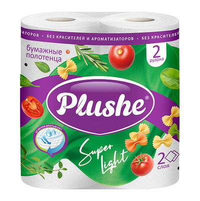 Полотенце Бумажное Plushe Super Light, 2 рулона* 10 метров, 2 слоя, белый, 12 в упаковке,16732