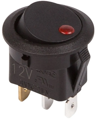 Клавиша-кнопка Круглая 1пол 12V 16А (3с) ON-OFF черная, красный диод REXANT 362580