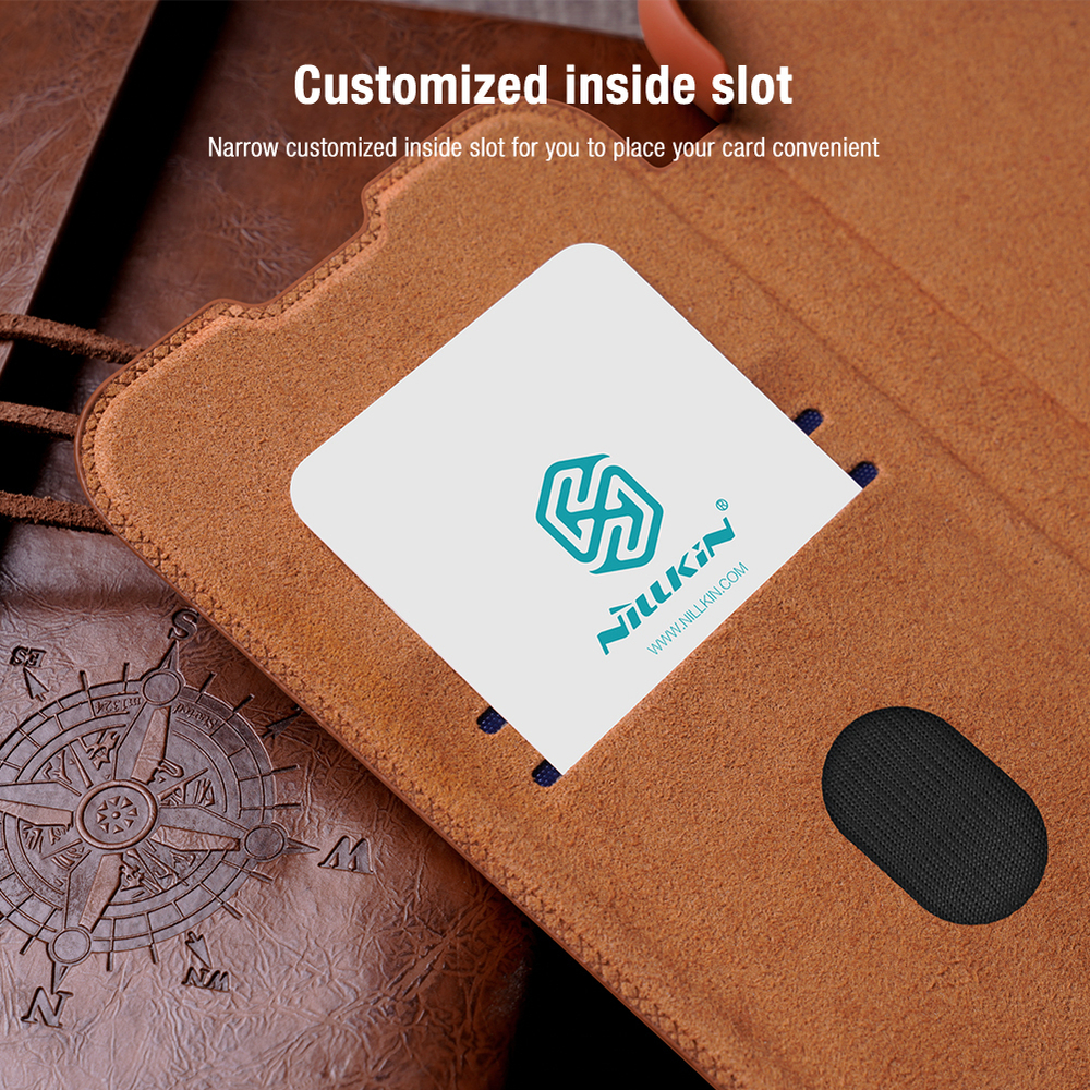 Кожаный чехол книжка коричневого цвета от Nillkin для смартфона Samsung Galaxy S25+, серия Qin Pro Leather с сдвижной защитной шторкой для камеры
