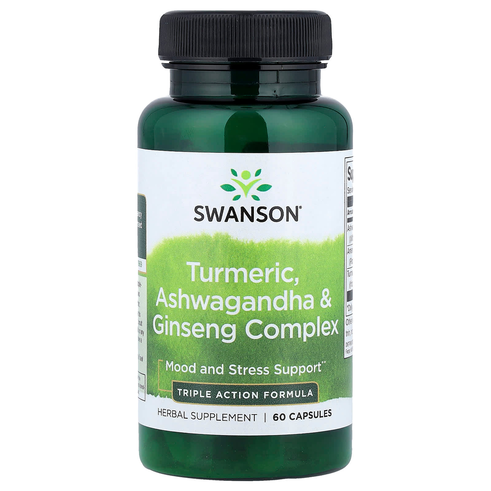 Swanson Vitamins, Куркума, комплекс ашваганды и женьшеня, 60 капсул