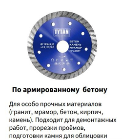 Tytan Professional алмазный отрезной диск по армированному бетону сегментированный 230х2,6х22,23/20