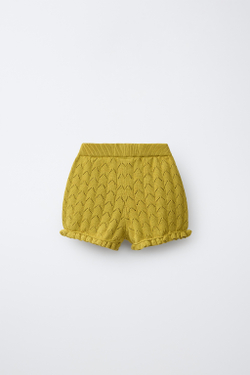 ZARA ТРИКОТАЖНЫЕ ШОРТЫ С ВЫШИВКОЙ ИЗ ХЛОПКА И ЛЬНА, ЦВЕТ ОЛИВКОВОГО МАСЛА
