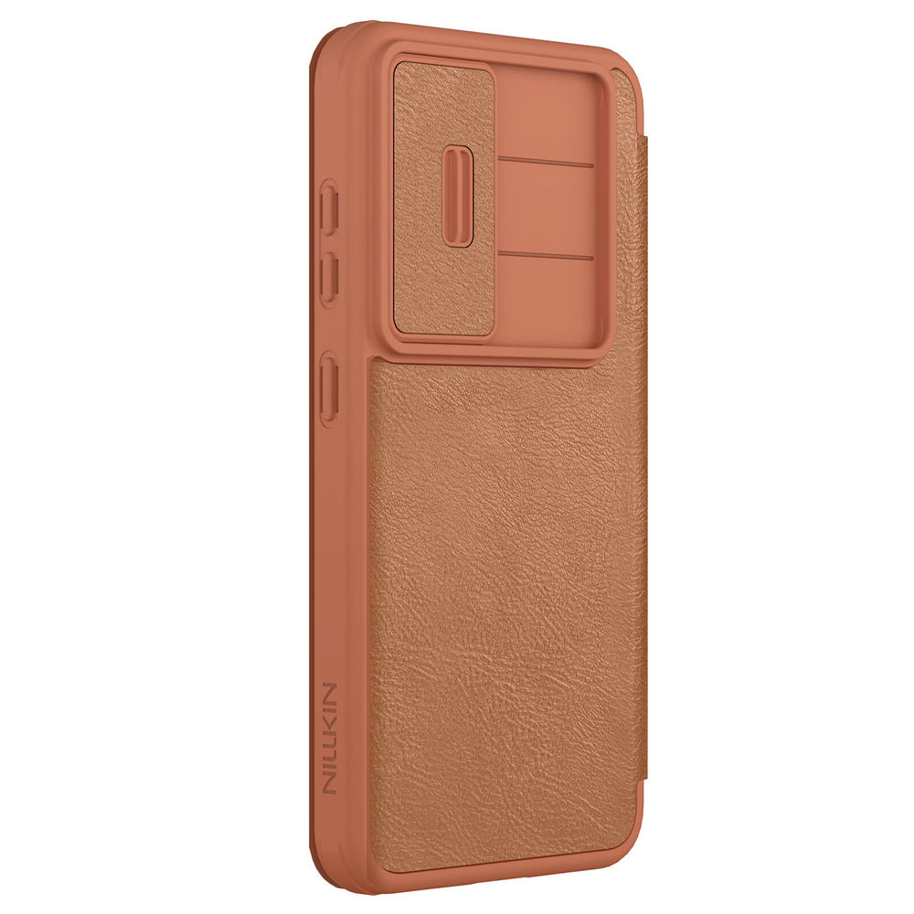 Кожаный чехол книжка коричневого цвета от Nillkin для смартфона Samsung Galaxy S25+, серия Qin Pro Leather с сдвижной защитной шторкой для камеры
