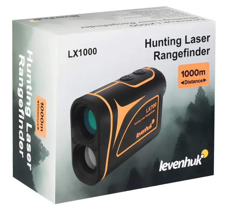 Лазерный дальномер для охоты Levenhuk LX1000 в упаковке с указанием дальности 1000м