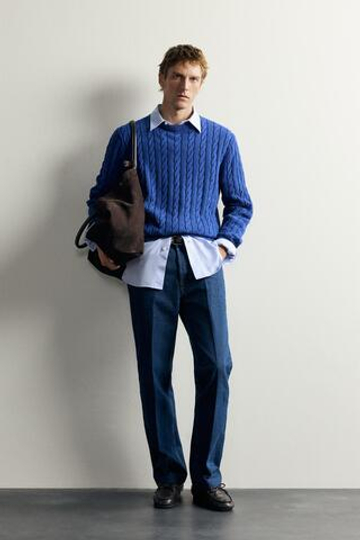 ZARA СВИТЕР С УЗОРОМ «КОСЫ», СИНИЙ