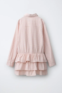 ZARA ПЛАТЬЕ-РУБАШКА В КЛЕТКУ С ОБОРКАМИ, РОЗОВЫЙ