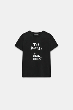 ZARA ФУТБОЛКА С НАДПИСЬЮ, ЧЕРНЫЙ