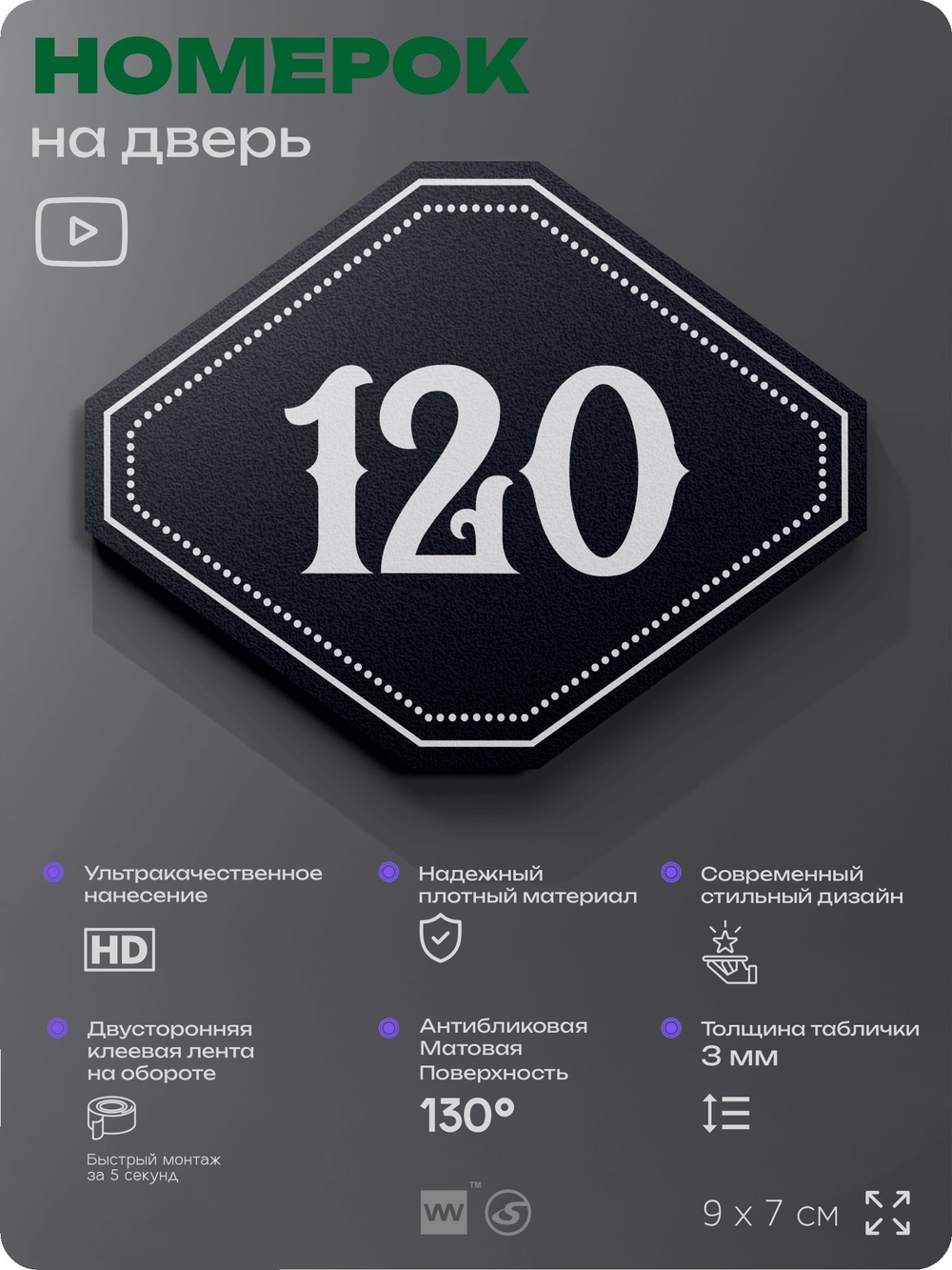 Номерок на дверь квартиры 120, для кабинета, офиса, шильдик 9 х 7 см, черный, Айдентика Технолоджи