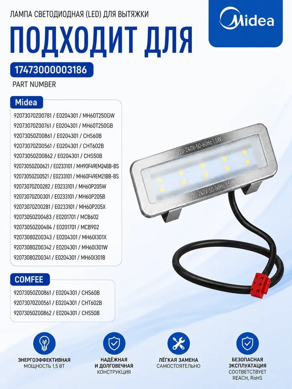 Прямоугольный светодиодный LED модуль подсветки рабочей зоны 1.5W 220V в матовой металлической рамке для кухонной вытяжки MIDEA COMFEE KLARSTEIN PROLINE SCHNEIDER SVAN 17473000003186 (блок точечного освещения плиты, OEM MD-SD-20, 0312685610)