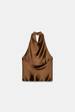 ZARA АТЛАСНЫЙ ТОП С ГОРЛОВИНОЙ ХАЛТЕР, КАРАМЕЛЬНЫЙ