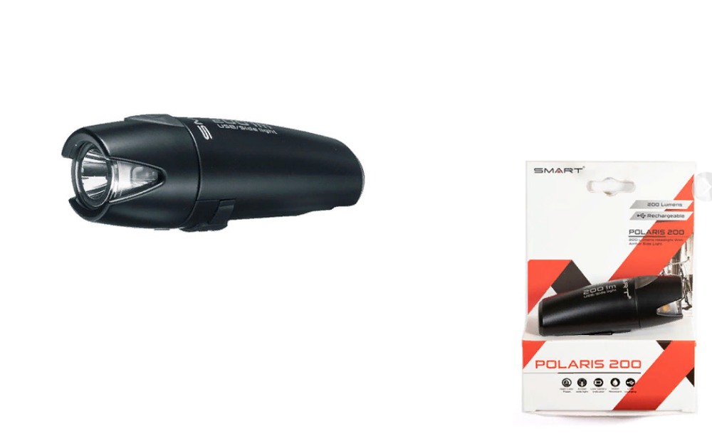 Фара SMART POLARIS 200 передняя, 1 Cree диод 200 lm, 3 режима, крепеж на руль 22.4-31.8 мм, Li-Pol аккумулятор, подзарядка mini USB