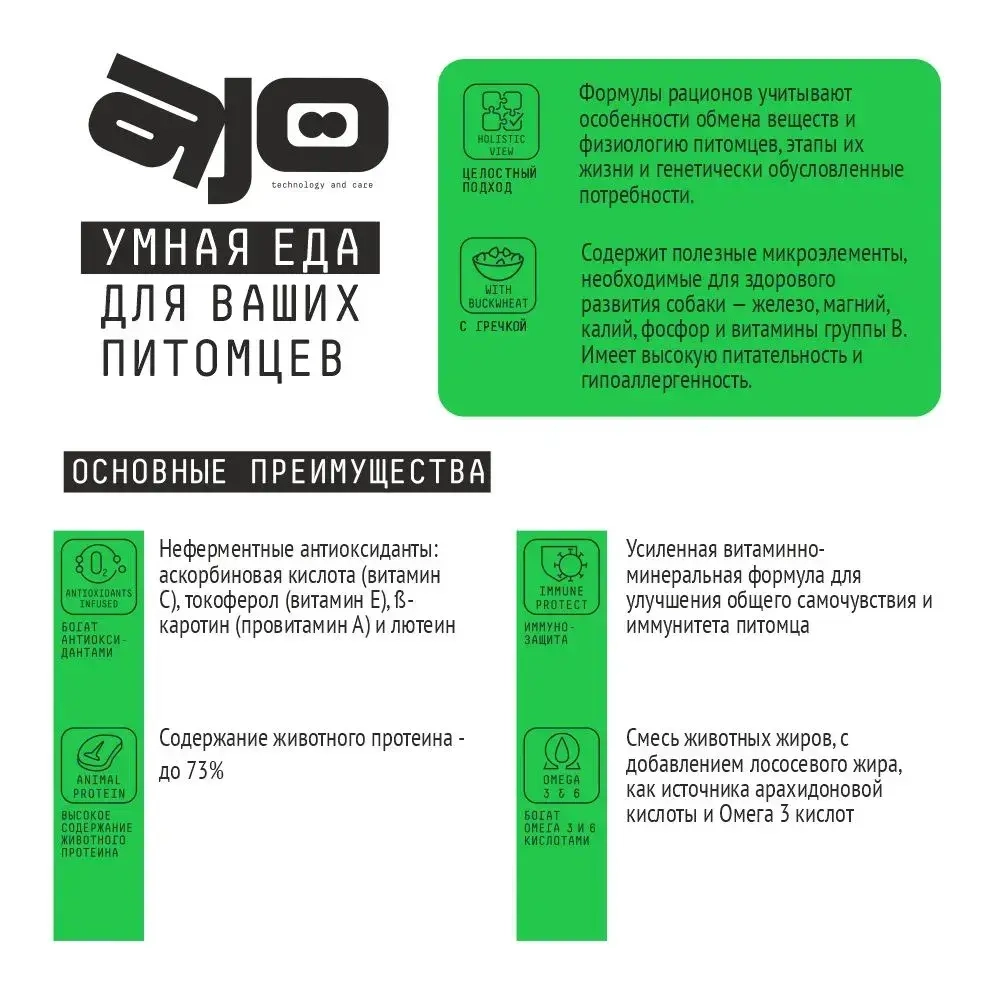 AJO (Айо) Dog Hypoallergenic Сухой полнорационный корм с гречкой для взрослых собак средних и крупных пород, склонных к аллергиям, 2 кг