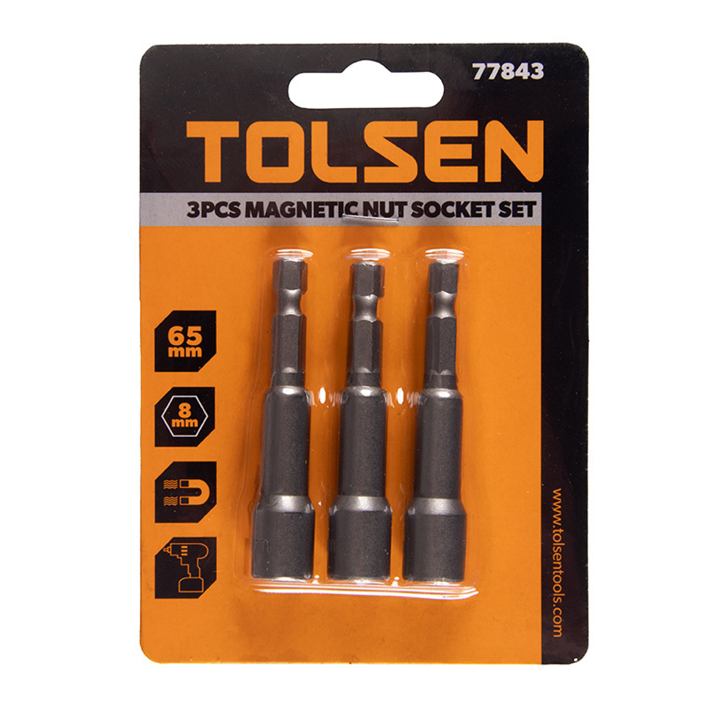 TOLSEN (TT77843) Набор головок для шуруповерта шестигранных 1/4", 8 мм, 65 мм, магнитных, 3 предмета