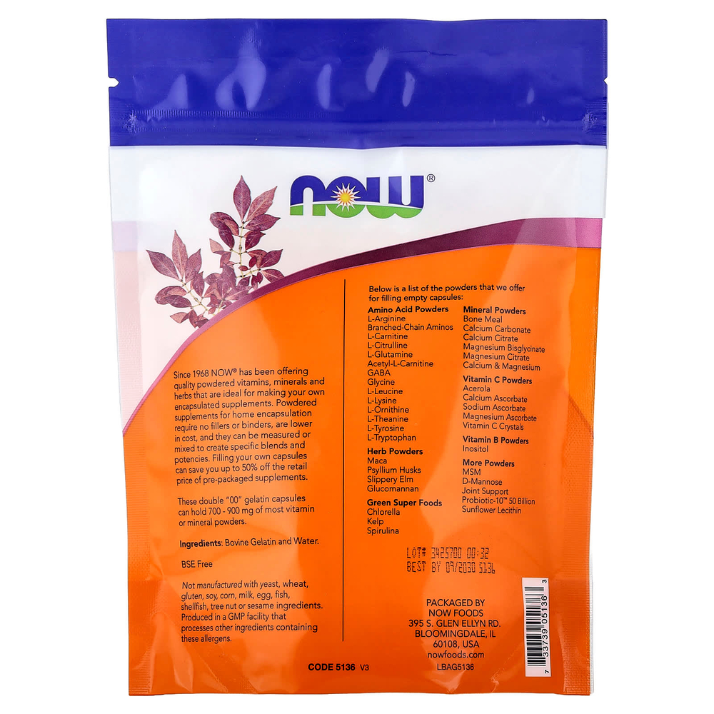 NOW Foods, двойные желатиновые капсулы, размер «00», прибл. 250 пустых желатиновых капсул, 30 г (1,06 унции)