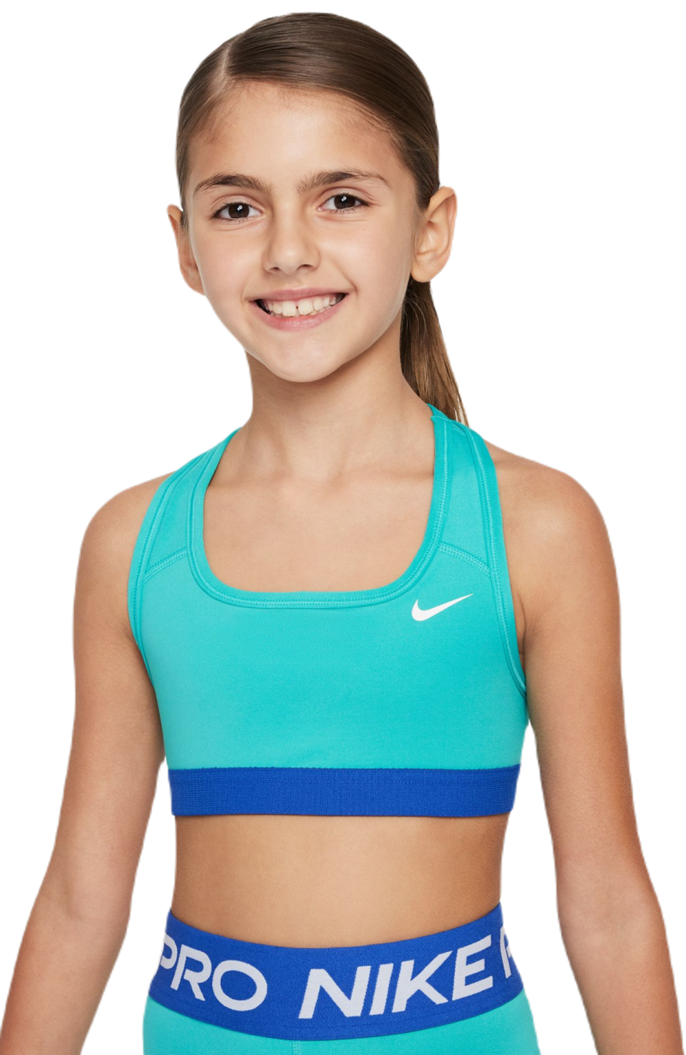 Топ для девочки теннисный Nike Swoosh Bra - clear jade/game royal/white
