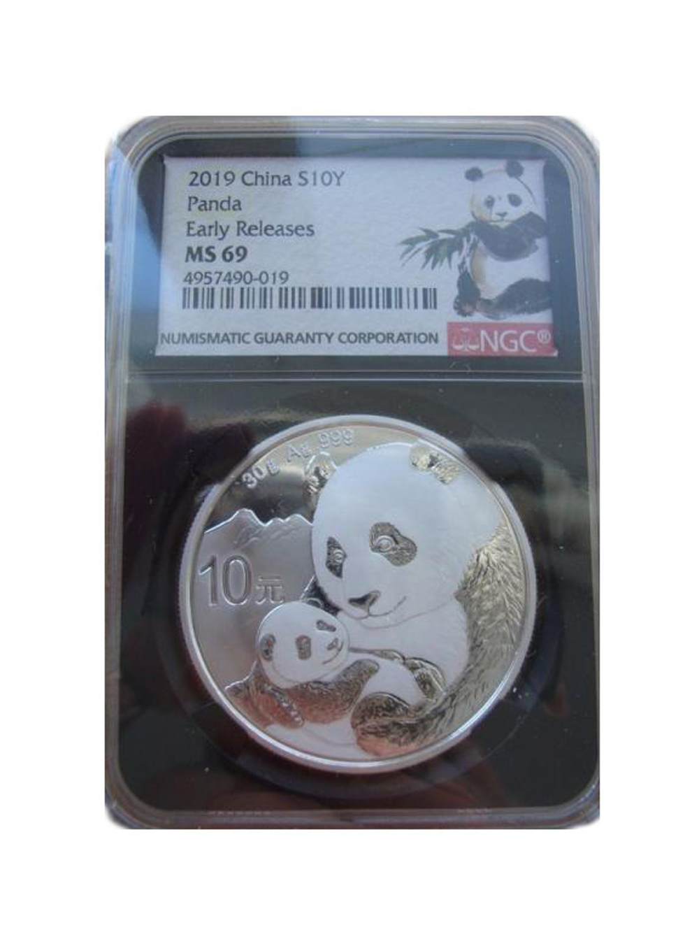 Китай 10 юаней 2019 Панда СЛАБ NGC MS69 СЕРЕБРО 019