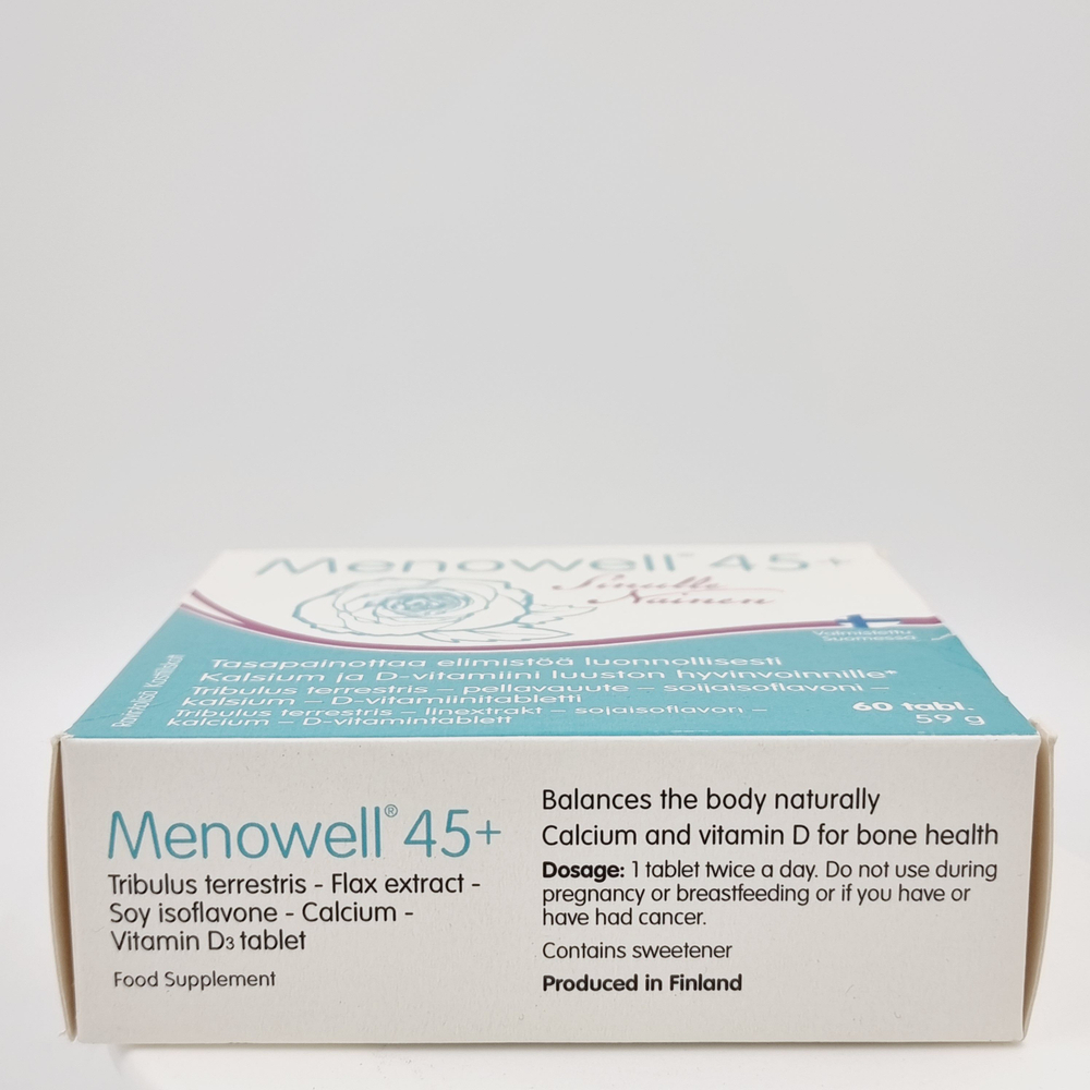 Menowell 45+ c фитоэстрогенами (изофлавоны сои, экстракт льна), кальцием и витамиом D, 60 табл. 63 г (из Финляндии)