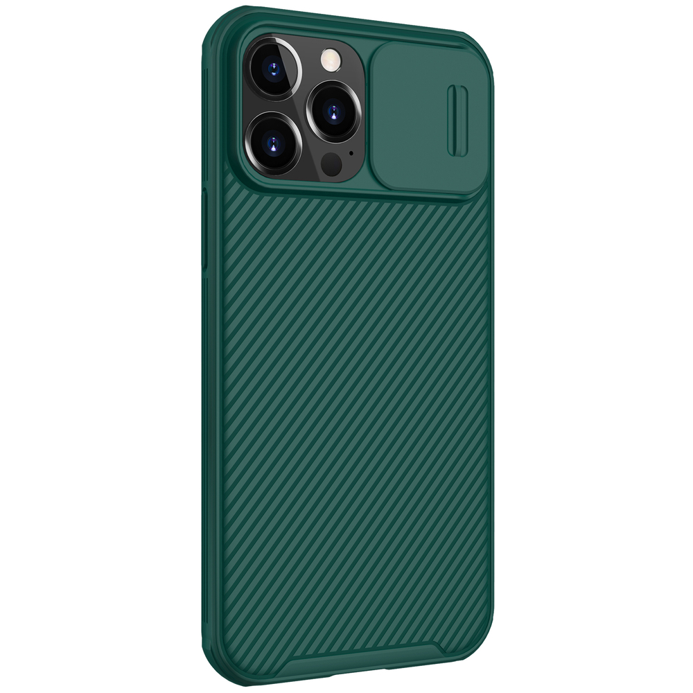 Чехол зеленого цвета (Deep Green) с сдвижной шторкой для камеры от Nillkin для iPhone 13 Pro Max, серия CamShield Pro Case