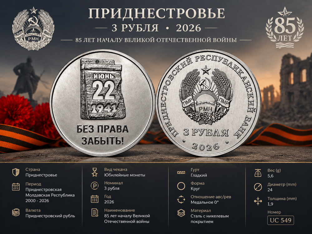Приднестровье 3 рубля, 2026 85 лет началу ВОВ