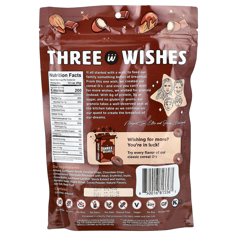 Three Wishes, Гранола без зерен, шоколад и миндаль, 227 г (8 унций)