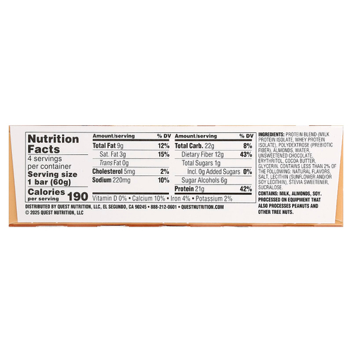 Quest Nutrition, Протеиновый батончик, тесто с шоколадной крошкой, 4 батончика, 60 г (2,12 унции)