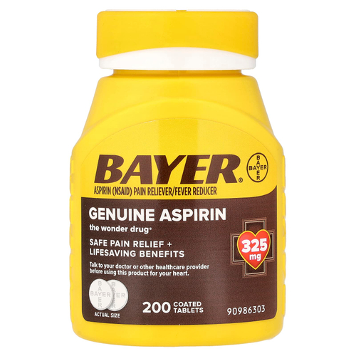 Bayer, натуральный аспирин, 325 мг, 200 таблеток, покрытых оболочкой