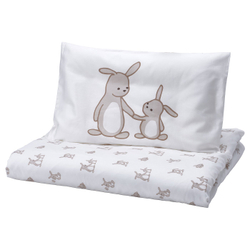 IKEA LEN  (ИКЕА ЛЕН)  -  Пододеяльник и наволочка для кроватки - белый бежевый/в зайчиках 110х125/35х55 см