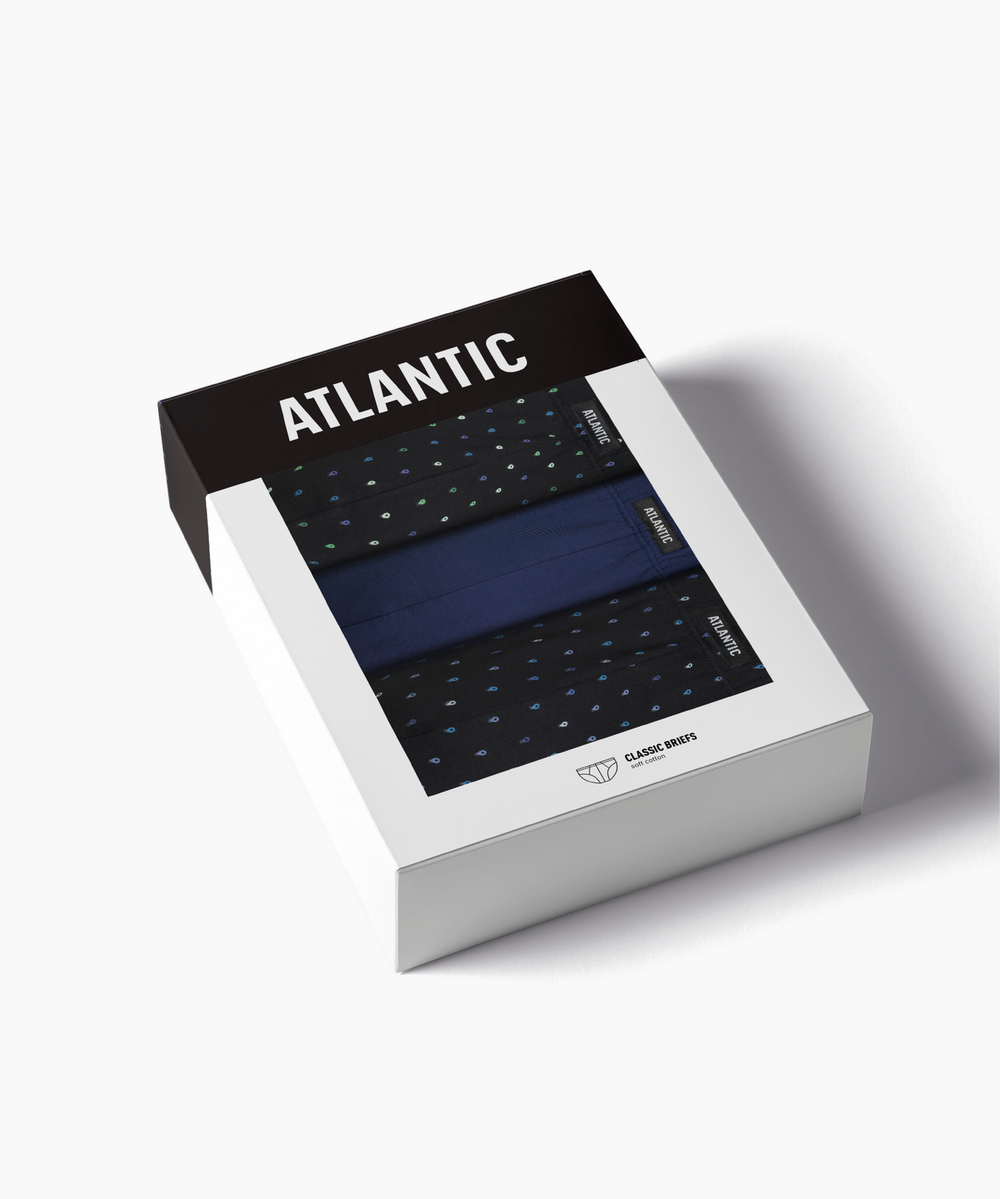 Мужские трусы слипы спорт Atlantic, набор 3 шт., хлопок, черные + темно-голубые + черные, 3MP-204