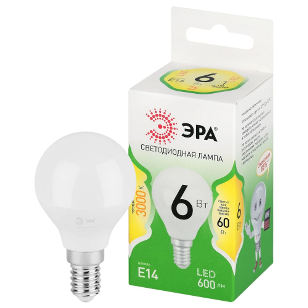 Лампа светодиодная ЭРА GREEN LINE LED P45-6W-830-E14 GL 6Вт шар теплый свет E14 | Лампы cветодиодные Шар (G/P)