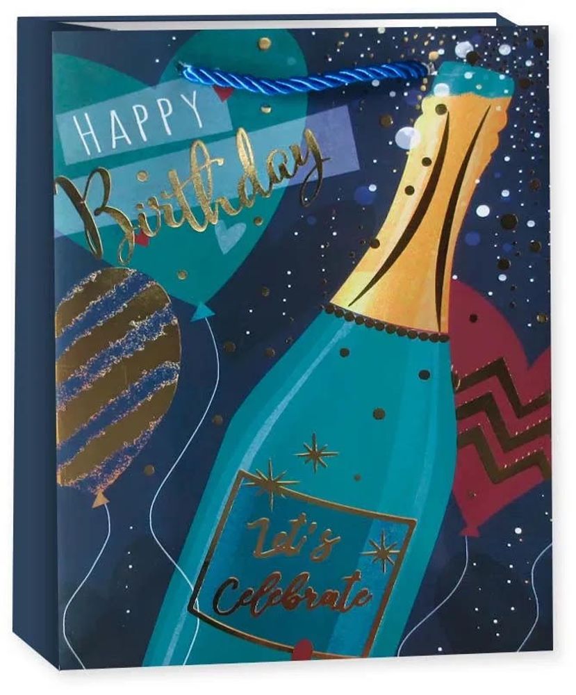 Пакет подарочный, 210гр, Happy Birthday, Дизайн №1, Металлик, 32*26*10 см