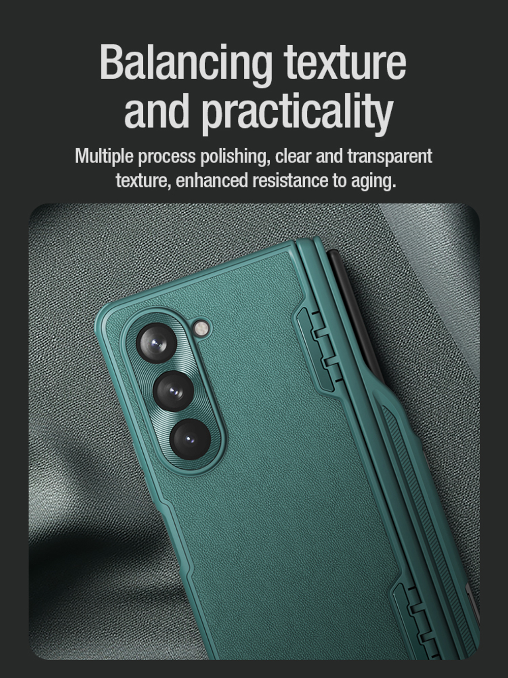 Чехол зеленого цвета от Nillkin с вставки из кожи на Samsung Galaxy Z Fold 5, серия CamShield Fold Leather, в комплекте со съемным держателем для S Pen