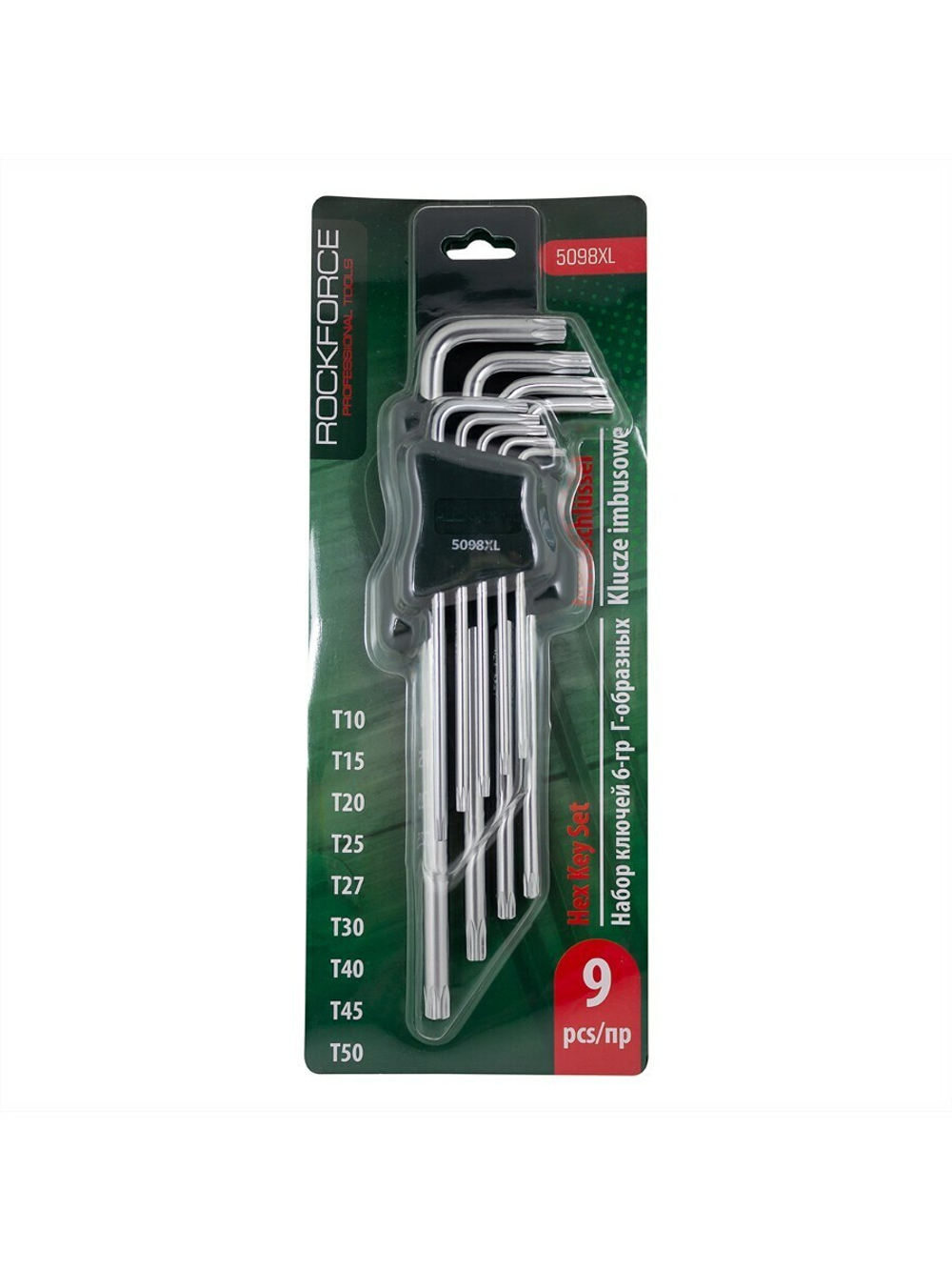 Набор ключей TORX Г-образных экстра длинных, 9пр. (Т10, Т15, Т20, Т25, Т27, Т30, Т40, Т45, Т50) в пластиковом держателе RockForce##Rock FORCE RF-5098XL