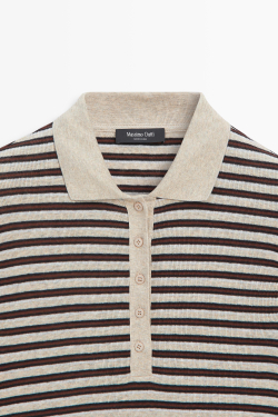 Massimo Dutti Футболка поло с длинными рукавами в полоску из смесовой шерсти, норка