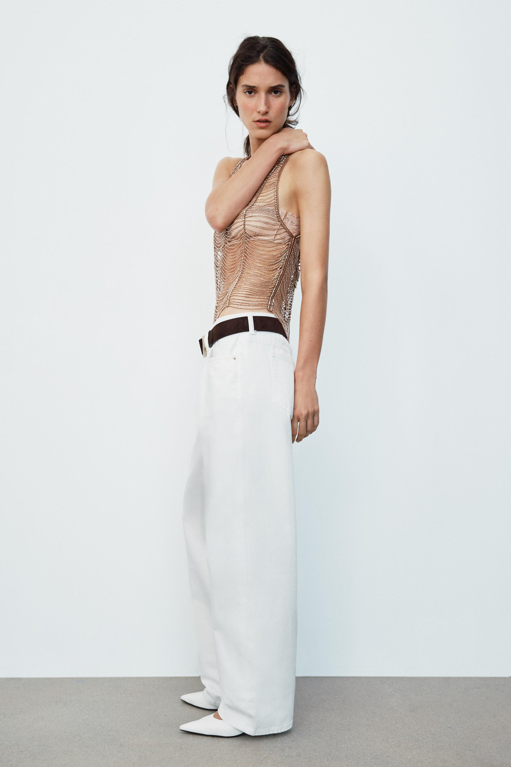 ZARA ТОП НА БРЕТЕЛЯХ С БУСИНАМИ, ЗОЛОТИСТЫЙ